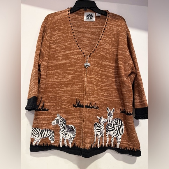 Storybook Knits Sweaters - Storybook Knits "Zebra Sunset” Tan/Black/White Cardigan Sweater Size 1X